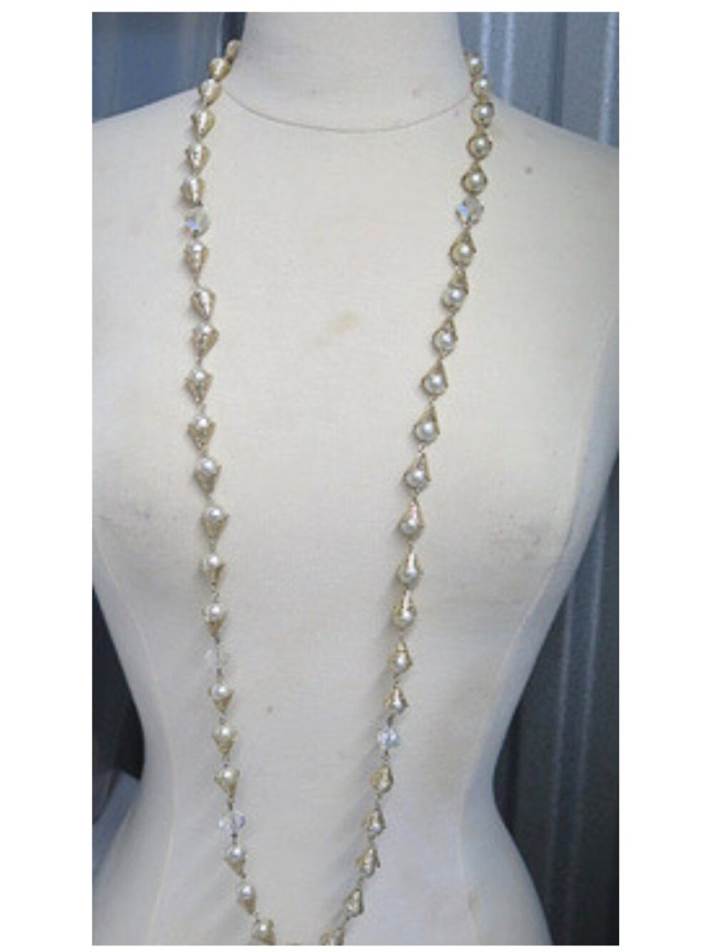 Long Faux Pearl Gold Tone Teardrop Beaded Necklace Clear Crystal Statement